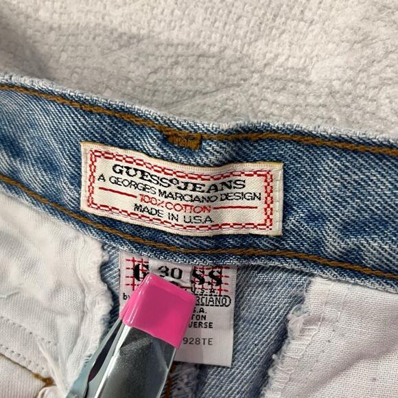 Guess Jean Shorts Womens 30 Blue Red Yellow Ribbon High Waist Y2K American VTG - Picture 4 of 11